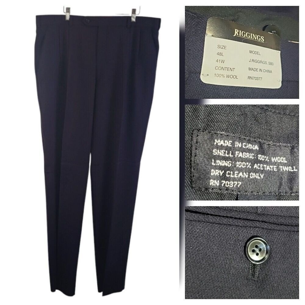 J.RIGGINGS Mens Navy Blue Pleated Wool Dress Pants New- Waist‎ 41L Slim Unhemmed